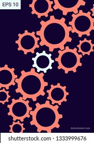 Industrial engineering background. Vector minimal flat page. Graphic template. Wheels and cogs colorful gear album. Pink, indigo, coral industrial concept. Industrial engineering background design.