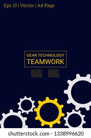 Industrial engineering background. Vector minimal flat page. Graphic template. Wheels and cogs colorful gear magazine. Yellow and white cogs on black. Industrial engineering background design.