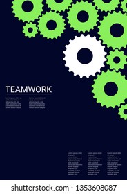 Industrial engineering background. Vector minimal flat page. Graphic template. Neon green on black background. Wheels and cogs colorful gear poster. Industrial engineering background design.