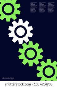 Industrial engineering background. Vector minimal flat page. Graphic template. Neon green on black background. Wheels and cogs colorful gear card. Industrial engineering background design.