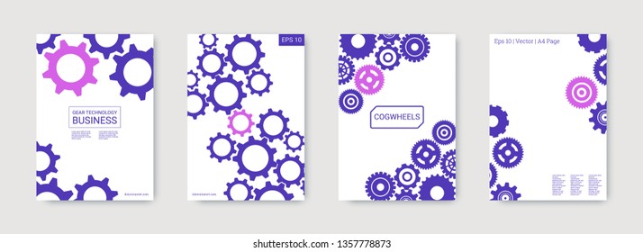 Industrial engineering background. Vector minimal flat set. Graphic template. Wheels and cogs colorful gear banner. Blue and purple mechanic design. Industrial engineering background design.