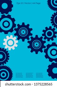 Industrial engineering background. Vector minimal flat page. Graphic template. Indigo blue and grey gears. Wheels and cogs colorful gear magazine. Industrial engineering background design.