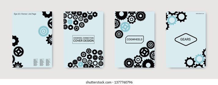 Industrial engineering background. Vector minimal flat set. Graphic template. Wheels and cogs colorful gear book. Blue and black vibes. Industrial engineering background design.