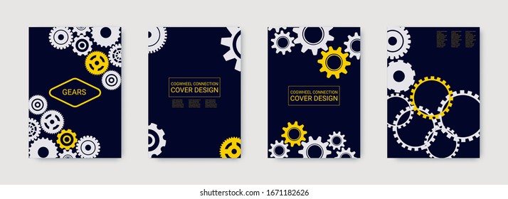 Antecedentes en ingeniería industrial. Conjunto plano mínimo de vectores. Plantilla gráfica. Alfombras amarillas y blancas en negro. Portátil de engranajes coloridos de ruedas y ruedas. Diseño de antecedentes en ingeniería industrial.