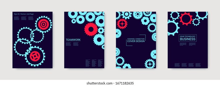 Industrial engineering background. Vector minimal flat set. Graphic template. Blue, red, black. Wheels and cogs colorful gear card. Industrial engineering background design.