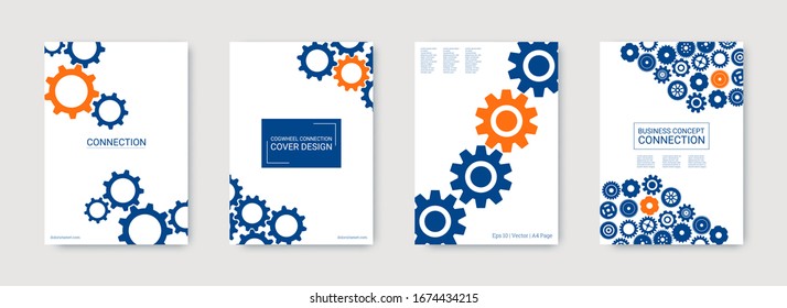 Industrietechnischer Hintergrund. Vektorillustration minimaler Flachsatz. Grafikvorlage. farbenfrohe Zahnraddruck von Rädern und Zahnrädern. Orange und Blau auf weißem Hintergrund. Industriedesign-Hintergrund