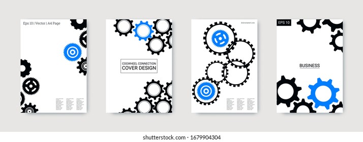 Industrial engineering background. Vector minimal flat set. Graphic template. Wheels and cogs colorful gear poster. Blue and black on white background. Industrial engineering background design.