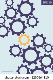 Industrial engineering background. Wheels and cogs colorful gear print. Vector minimal flat page. Graphic template. Yellow, purple, blue, gold design. Industrial engineering background design.