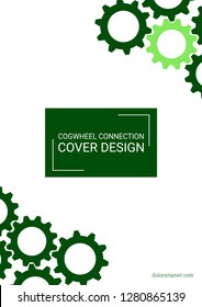 Industrial engineering background. Wheels and cogs colorful gear album. Green cogs on white background. Vector minimal flat page. Graphic template. Industrial engineering background design.