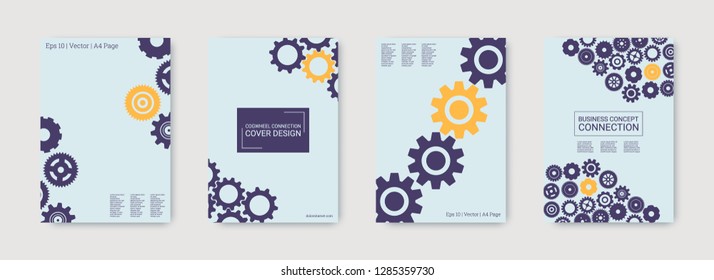 Industrial engineering background. Wheels and cogs colorful gear catalog. Vector minimal flat set. Graphic template. Yellow, purple, blue, gold design. Industrial engineering background design.