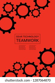 Industrial engineering background. Wheels and cogs colorful gear booklet. Black cogs on red. Vector minimal flat page. Graphic template. Industrial engineering background design.