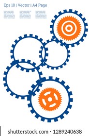 Industrial engineering background. Wheels and cogs colorful gear journal. Orange and blue on white background. Vector minimal flat page. Graphic template. Industrial engineering background design.