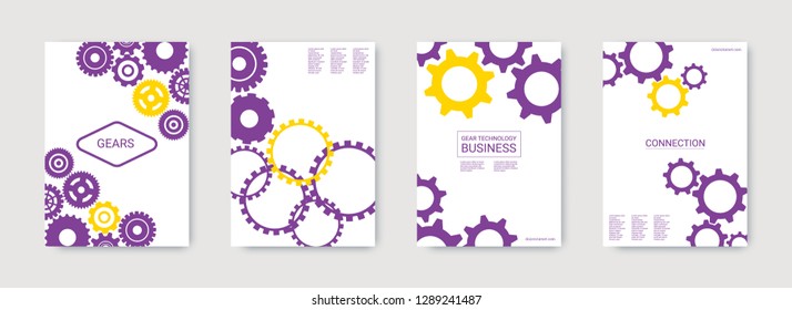 Industrial engineering background. Wheels and cogs colorful gear brochure. Vector minimal flat set. Graphic template. Yellow, purple, gold design. Industrial engineering background design.