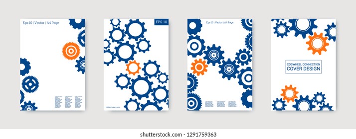 Industrial engineering background. Wheels and cogs colorful gear brochure. Orange and blue on white background. Vector minimal flat set. Graphic template. Industrial engineering background design.