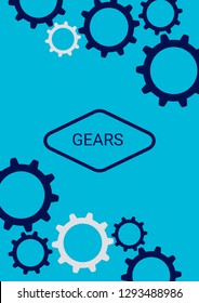 Industrial engineering background. Wheels and cogs colorful gear brochure. Indigo blue and grey gears. Vector minimal flat page. Graphic template. Industrial engineering background design.