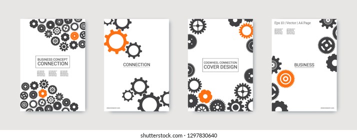 Industrial engineering background. Wheels and cogs colorful gear page. Grey and orange techno design. Vector minimal flat set. Graphic template. Industrial engineering background design.