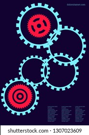 Industrial engineering background. Wheels and cogs colorful gear magazine. Blue, red, black. Vector minimal flat page. Graphic template. Industrial engineering background design.