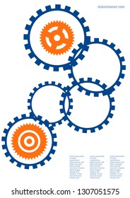 Industrial engineering background. Wheels and cogs colorful gear magazine. Vector minimal flat page. Graphic template. Orange and blue on white background. Industrial engineering background design.