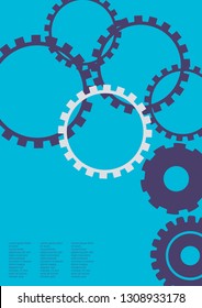 Industrial engineering background. Wheels and cogs colorful gear magazine. Vector minimal flat page. Graphic template. Purple, blue, grey engineering design. Industrial engineering background design.