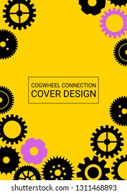 Industrial engineering background. Wheels and cogs colorful gear magazine. Vector minimal flat page. Graphic template. Purple, black vector gears. Industrial engineering background design.