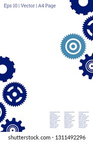 Industrial engineering background. Wheels and cogs colorful gear book. Indigo and teal wheels. Vector minimal flat page. Graphic template. Industrial engineering background design.