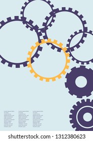 Industrial engineering background. Wheels and cogs colorful gear layout. Yellow, purple, blue, gold design. Vector minimal flat page. Graphic template. Industrial engineering background design.