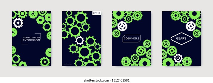 Industrial engineering background. Wheels and cogs colorful gear poster. Neon green on black background. Vector minimal flat set. Graphic template. Industrial engineering background design.