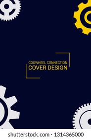 Industrial engineering background. Wheels and cogs colorful gear print. Vector minimal flat page. Graphic template. Yellow and white cogs on black. Industrial engineering background design.
