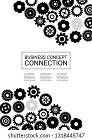 Industrial engineering background. Wheels and cogs colorful gear magazine. Vector minimal flat page. Graphic template. Black, grey cogs on white background. Industrial engineering background design.