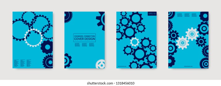 Industrial engineering background. Wheels and cogs colorful gear brochure. Indigo blue and grey gears. Vector minimal flat set. Graphic template. Industrial engineering background design.