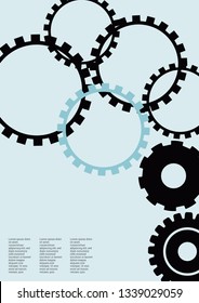 Industrial engineering background. Wheels and cogs colorful gear album. Vector minimal flat page. Graphic template. Blue and black vibes. Industrial engineering background design.