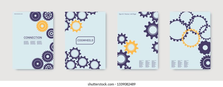 Industrial engineering background. Wheels and cogs colorful gear banner. Vector minimal flat set. Graphic template. Yellow, purple, blue, gold design. Industrial engineering background design.