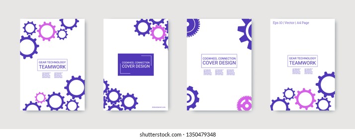 Industrial engineering background. Wheels and cogs colorful gear album. Blue and purple mechanic design. Vector minimal flat set. Graphic template. Industrial engineering background design.