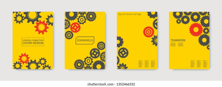 Industrial engineering background. Wheels and cogs colorful gear catalog. Red and grey connection. Vector minimal flat set. Graphic template. Industrial engineering background design.