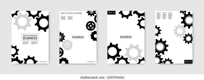 Industrial engineering background. Wheels and cogs colorful gear brochure. Black, grey cogs on white background. Vector minimal flat set. Graphic template. Industrial engineering background design.