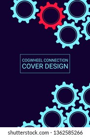 Industrial engineering background. Wheels and cogs colorful gear brochure. Blue, red, black. Vector minimal flat page. Graphic template. Industrial engineering background design.