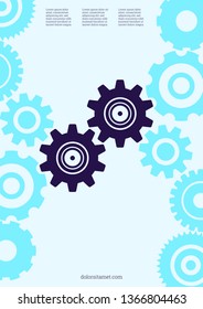 Industrial engineering background. Wheels and cogs colorful gear magazine. Purple and blue gears connection. Vector minimal flat page. Graphic template. Industrial engineering background design.