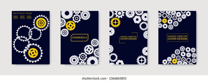 Industrial engineering background. Wheels and cogs colorful gear booklet. Yellow and white cogs on black. Vector minimal flat set. Graphic template. Industrial engineering background design.