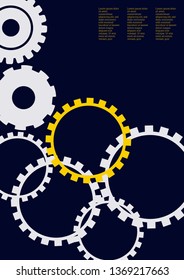 Industrial engineering background. Wheels and cogs colorful gear flyer. Vector minimal flat page. Graphic template. Yellow and white cogs on black. Industrial engineering background design.