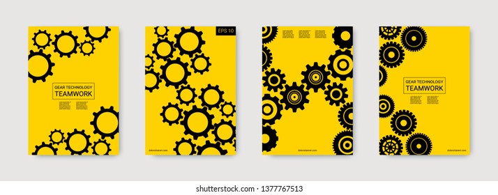 Industrial engineering background. Wheels and cogs colorful gear book. Black gears on gold. Vector minimal flat set. Graphic template. Industrial engineering background design.