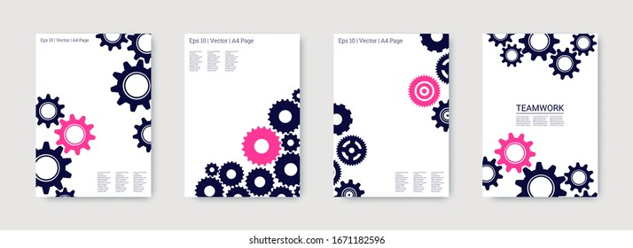 Industrial engineering background. Wheels and cogs colorful gear placard. Neon pink indigo cogwheels. Vector minimal flat set. Graphic template. Industrial engineering background design.