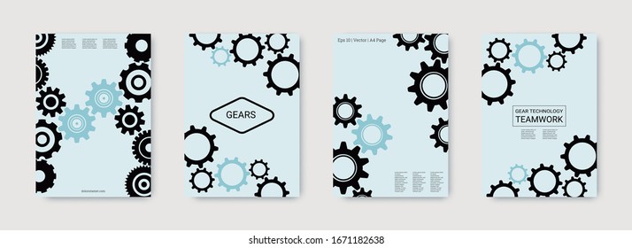 Industrial engineering background. Wheels and cogs colorful gear card. Blue and black vibes. Vector minimal flat set. Graphic template. Industrial engineering background design.