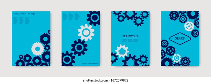 Industrial engineering background. Wheels and cogs colorful gear layout. Indigo blue and grey gears. Vector minimal flat set. Graphic template. Industrial engineering background design.