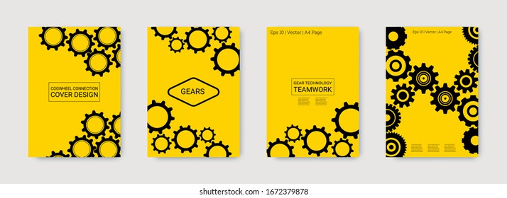 Industrial engineering background. Wheels and cogs colorful gear journal. Vector minimal flat set. Graphic template. Black gears on gold. Industrial engineering background design.