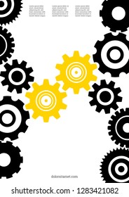 Industrial engineering background. Yellow, black gold design. Wheels and cogs colorful gear flyer. Vector minimal flat page. Graphic template. Industrial engineering background design.
