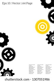 Industrial engineering background. Yellow, black gold design. Wheels and cogs colorful gear print. Vector minimal flat page. Graphic template. Industrial engineering background design.