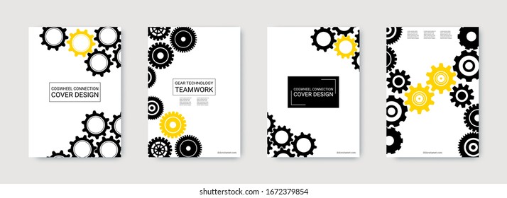 Industrietechnischer Hintergrund. Gelbes, schwarzes Gold-Design. Vektorillustration minimaler Flachsatz. Grafikvorlage. Räder und Zahnräder bunter Zahnräder. Industriedesign-Hintergrund