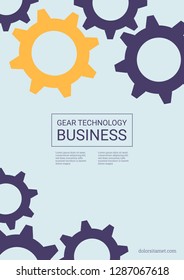 Industrial engineering background. Yellow, purple, blue, gold design. Vector minimal flat page. Graphic template. Wheels and cogs colorful gear notebook. Industrial engineering background design.