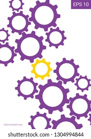 Industrial engineering background. Yellow, purple, gold design. Wheels and cogs colorful gear placard. Vector minimal flat page. Graphic template. Industrial engineering background design.