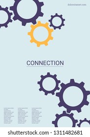 Industrial engineering background. Yellow, purple, blue, gold design. Vector minimal flat page. Graphic template. Wheels and cogs colorful gear placard. Industrial engineering background design.